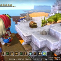 Dragon Quest Builders héroïne qui voit un coffre à trésor au loin à côté d'un dragon assoupi