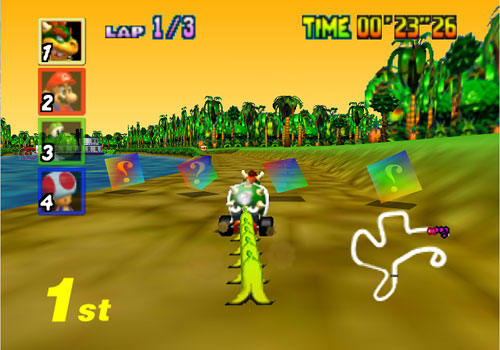 Bowser avec un régiment de bananes dans la Jungle DK de Mario Kart 64