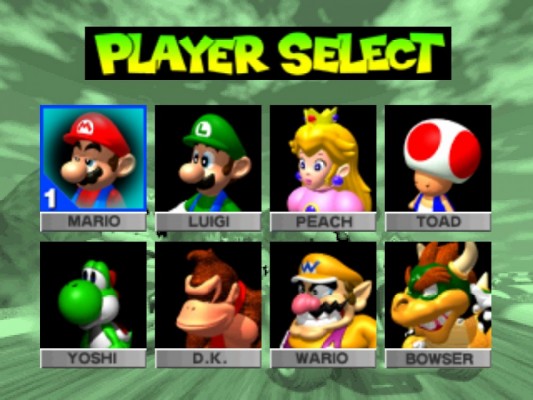  L'écran de sélection des personnages dans Mario Kart 64