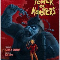 The Deadly Tower of Monsters affiche avec un singe géant dévorant le héros et Stacy Sharp devant