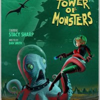 The Deadly Tower of Monsters affiche où une pieuvre tient Stacy Sharp qui lui tire dessus