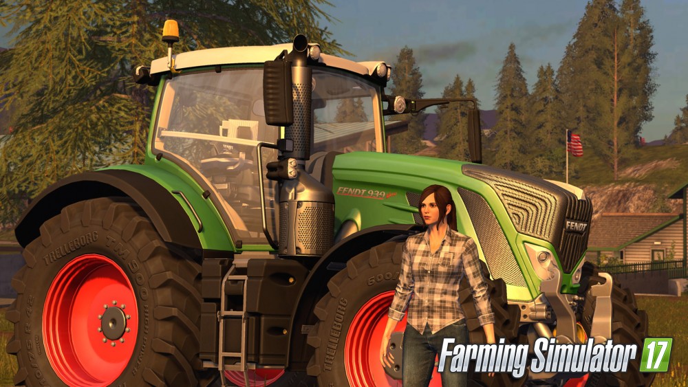 Farming simulator 17 femme devant un tracteur