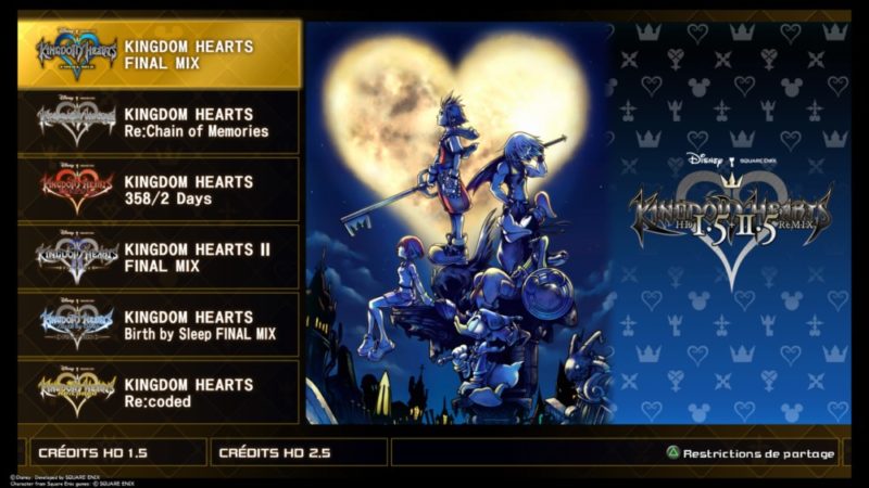 Kingdom Hearts HD 1.5 + 2.5 ReMIX - Menu de sélection