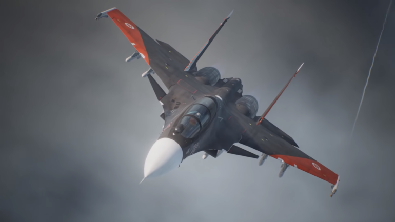 Ace Combat 7: Skies Unknown - avion noir aux ailes rouges