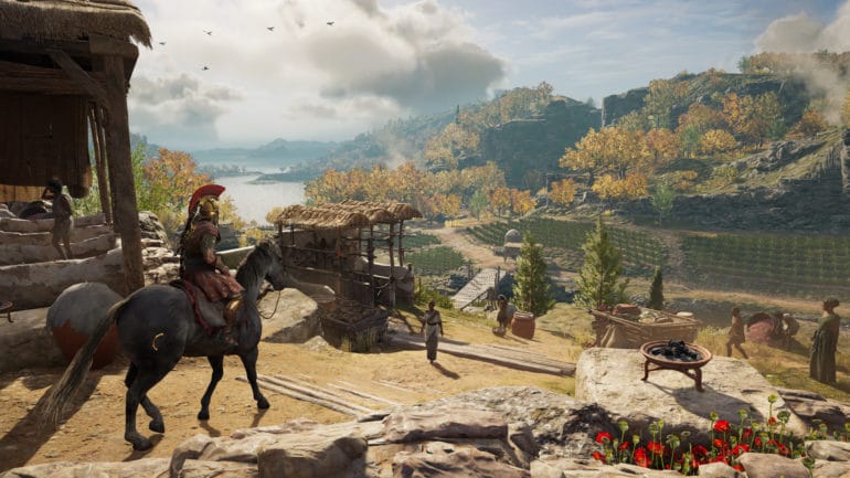 Assassin's Creed Odyssey chevauchée paysage forêt rivière