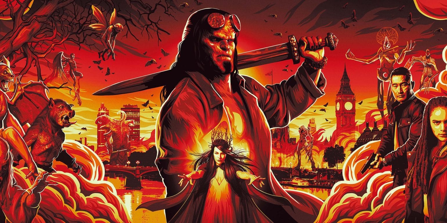 Hellboy affiche du film avec des monstres et la Reine de Sang