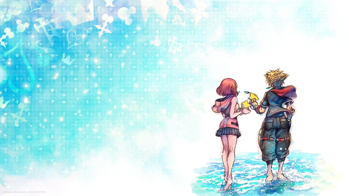 Kingdom Hearts : Melody of Memory - kairi et Sora sur l'écran de lancement du jeu