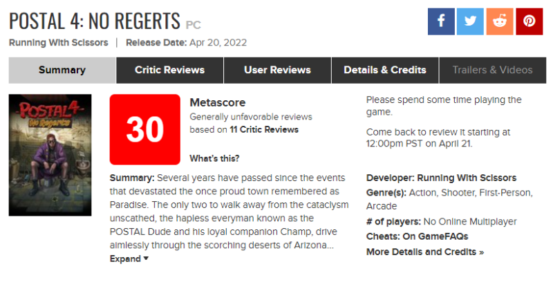 Postal 4 Metacritic score