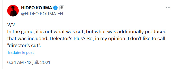 Tweet Hideo Kojima Director's cut