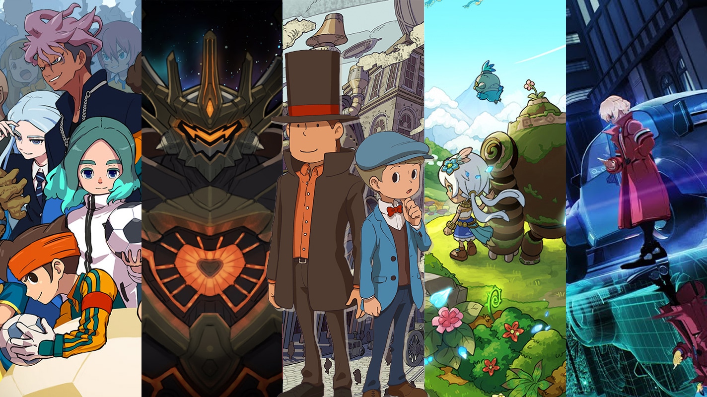 Les cinq jeux principaux du retour de level-5 : Inazuma Eleven: Victory Road, Megaton Musashi W, Professeur Layton et le Nouveau monde à Vapeur, Fantasy Life i et Decapolice