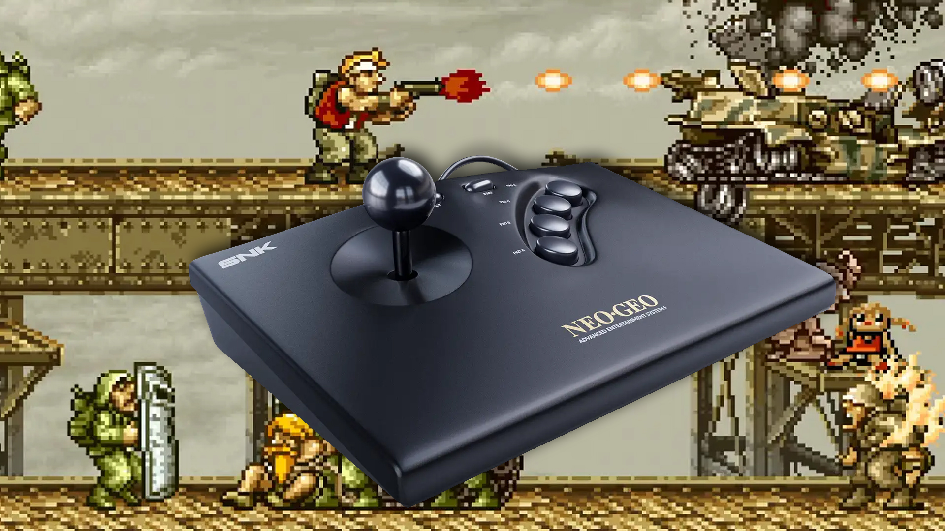 Neo Geo AES+ stick Arcade et Metal Slug en fond