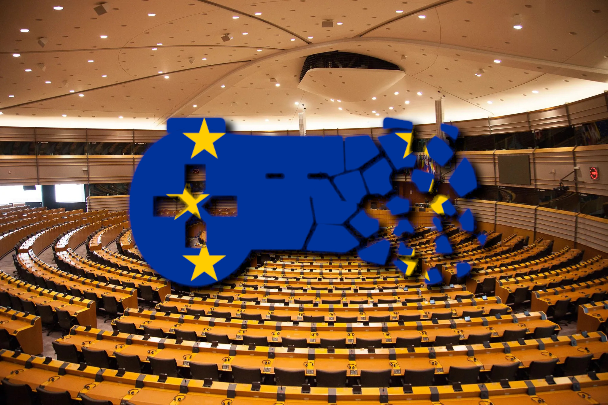 Le logo de Stop Killing Games au milieu du Parlement européen.